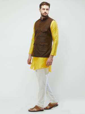 irin Poly Viscose Ethnic Set Of Dark Brown Koti (Waistcoat), Yellow and White Kurta Churidar For Men 2