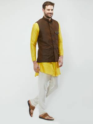 irin Poly Viscose Ethnic Set Of Dark Brown Koti (Waistcoat), Yellow and White Kurta Churidar For Men 3