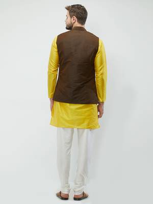 irin Poly Viscose Ethnic Set Of Dark Brown Koti (Waistcoat), Yellow and White Kurta Churidar For Men 4