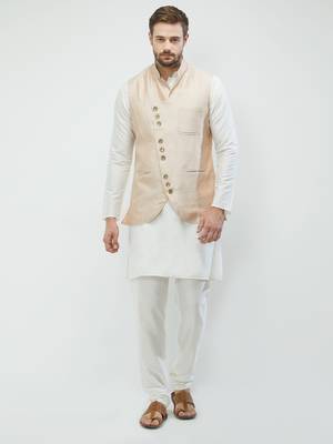 irin Poly Viscose Ethnic Set Of  Beige Koti (Waistcoat) And White Kurta Churidar For Men 1