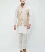 irin Poly Viscose Ethnic Set Of  Beige Koti (Waistcoat) And White Kurta Churidar For Men