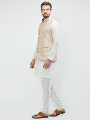 irin Poly Viscose Ethnic Set Of  Beige Koti (Waistcoat) And White Kurta Churidar For Men 2