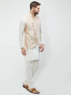 irin Poly Viscose Ethnic Set Of  Beige Koti (Waistcoat) And White Kurta Churidar For Men 3