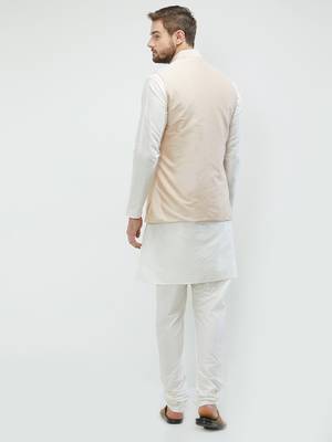 irin Poly Viscose Ethnic Set Of  Beige Koti (Waistcoat) And White Kurta Churidar For Men 4
