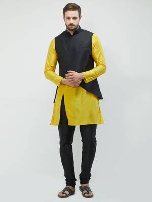 irin Poly Viscose Ethnic Set Of Black Koti (Waistcoat), Yellow and Black Kurta Churidar For Men 1