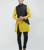 irin Poly Viscose Ethnic Set Of Black Koti (Waistcoat), Yellow and Black Kurta Churidar For Men
