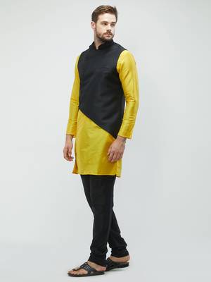 irin Poly Viscose Ethnic Set Of Black Koti (Waistcoat), Yellow and Black Kurta Churidar For Men 2