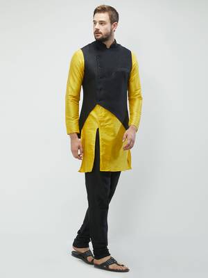 irin Poly Viscose Ethnic Set Of Black Koti (Waistcoat), Yellow and Black Kurta Churidar For Men 3
