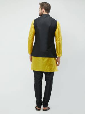 irin Poly Viscose Ethnic Set Of Black Koti (Waistcoat), Yellow and Black Kurta Churidar For Men 4