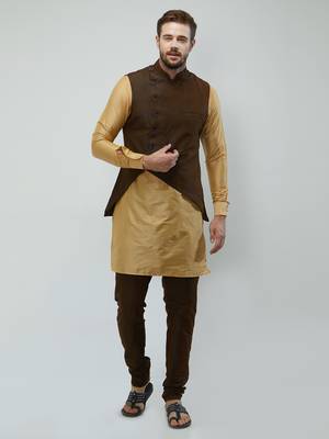 irin Poly Viscose Ethnic Set Of Dark Brown Koti (Waistcoat), Gold and Dark Brown Kurta Churidar For Men 1