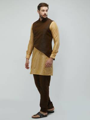 irin Poly Viscose Ethnic Set Of Dark Brown Koti (Waistcoat), Gold and Dark Brown Kurta Churidar For Men 2