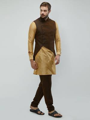 irin Poly Viscose Ethnic Set Of Dark Brown Koti (Waistcoat), Gold and Dark Brown Kurta Churidar For Men 3