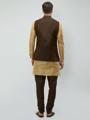 irin Poly Viscose Ethnic Set Of Dark Brown Koti (Waistcoat), Gold and Dark Brown Kurta Churidar For Men 4