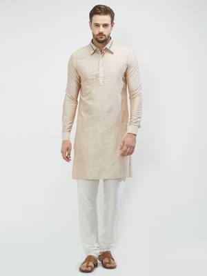 irin Beige Poly Viscose Full Sleeves Solid Collar Pathani Set For Men 1