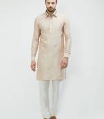 irin Beige Poly Viscose Full Sleeves Solid Collar Pathani Set For Men