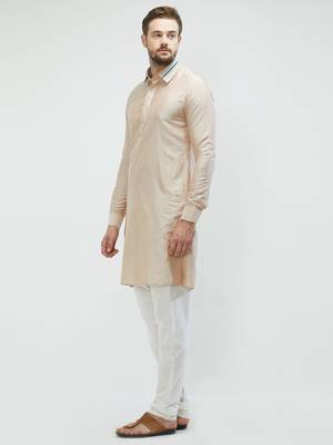 irin Beige Poly Viscose Full Sleeves Solid Collar Pathani Set For Men 2