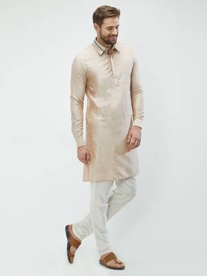 irin Beige Poly Viscose Full Sleeves Solid Collar Pathani Set For Men 3