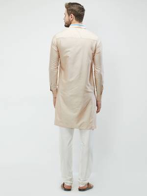 irin Beige Poly Viscose Full Sleeves Solid Collar Pathani Set For Men 4