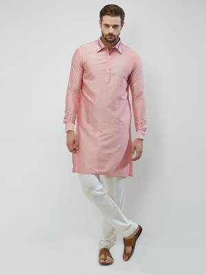 irin Pink Poly Viscose Full Sleeves Solid Collar Pathani Set For Men 1