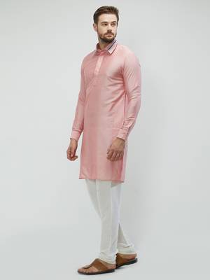 irin Pink Poly Viscose Full Sleeves Solid Collar Pathani Set For Men 2