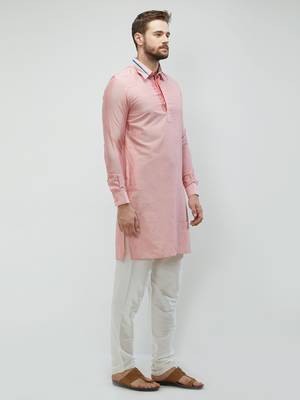 irin Pink Poly Viscose Full Sleeves Solid Collar Pathani Set For Men 3
