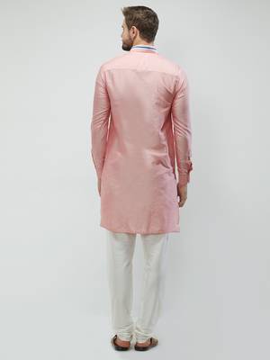irin Pink Poly Viscose Full Sleeves Solid Collar Pathani Set For Men 4