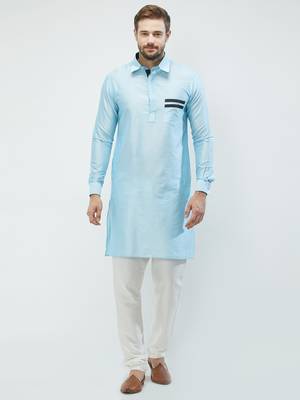 irin Sky Blue Poly Viscose Full Sleeves Solid Collar Pathani Set For Men 1