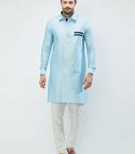 irin Sky Blue Poly Viscose Full Sleeves Solid Collar Pathani Set For Men