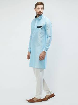 irin Sky Blue Poly Viscose Full Sleeves Solid Collar Pathani Set For Men 2