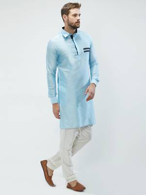 irin Sky Blue Poly Viscose Full Sleeves Solid Collar Pathani Set For Men 3
