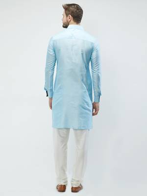 irin Sky Blue Poly Viscose Full Sleeves Solid Collar Pathani Set For Men 4