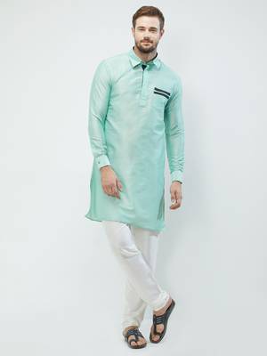 irin Pista Green Poly Viscose Full Sleeves Solid Collar Pathani Set For Men 1