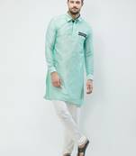 irin Pista Green Poly Viscose Full Sleeves Solid Collar Pathani Set For Men