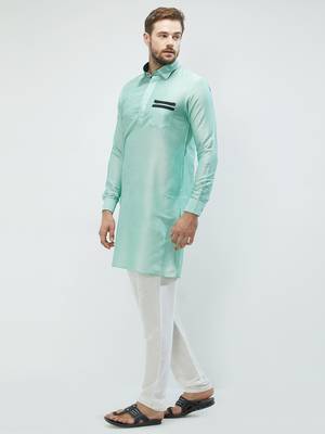 irin Pista Green Poly Viscose Full Sleeves Solid Collar Pathani Set For Men 2