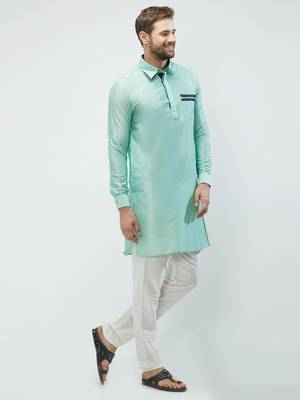 irin Pista Green Poly Viscose Full Sleeves Solid Collar Pathani Set For Men 3