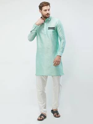 irin Pista Green Poly Viscose Full Sleeves Solid Collar Pathani Set For Men 4