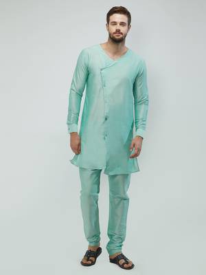 irin Pista Green Poly Viscose Full Sleeves Solid Round Neck Kurta Churidar Set For Men 1