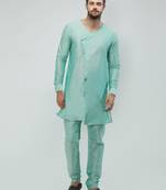 irin Pista Green Poly Viscose Full Sleeves Solid Round Neck Kurta Churidar Set For Men