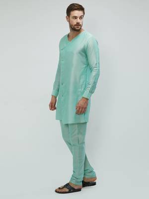 irin Pista Green Poly Viscose Full Sleeves Solid Round Neck Kurta Churidar Set For Men 2