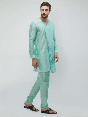 irin Pista Green Poly Viscose Full Sleeves Solid Round Neck Kurta Churidar Set For Men 3