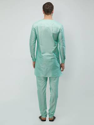 irin Pista Green Poly Viscose Full Sleeves Solid Round Neck Kurta Churidar Set For Men 4