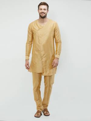 irin Gold Poly Viscose Full Sleeves Solid Round Neck Kurta Churidar Set For Men 1