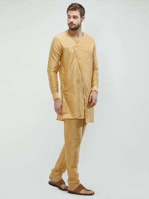 irin Gold Poly Viscose Full Sleeves Solid Round Neck Kurta Churidar Set For Men 3