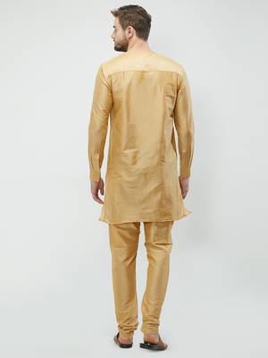 irin Gold Poly Viscose Full Sleeves Solid Round Neck Kurta Churidar Set For Men 4