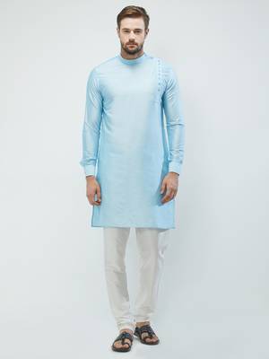 irin Sky Blue Poly Viscose Full Sleeves Solid Mandarin Kurta Churidar Set For Men 1
