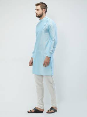 irin Sky Blue Poly Viscose Full Sleeves Solid Mandarin Kurta Churidar Set For Men 2