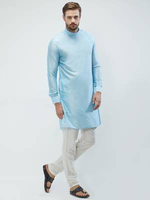 irin Sky Blue Poly Viscose Full Sleeves Solid Mandarin Kurta Churidar Set For Men 3