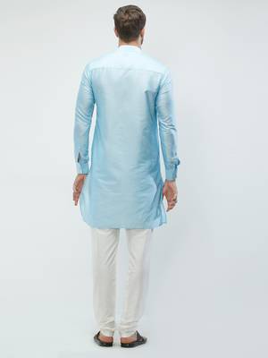 irin Sky Blue Poly Viscose Full Sleeves Solid Mandarin Kurta Churidar Set For Men 4