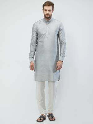irin Grey Poly Viscose Full Sleeves Solid Mandarin Kurta Churidar Set For Men 1