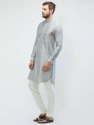 irin Grey Poly Viscose Full Sleeves Solid Mandarin Kurta Churidar Set For Men 2